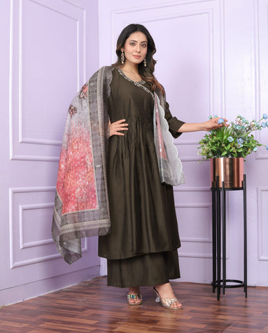 Stylish Neck Hand Work Mehndi Palazzo Suit