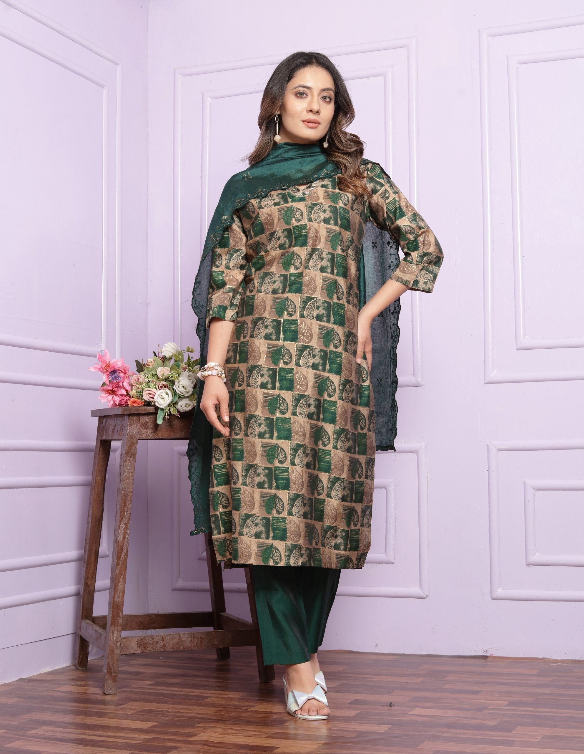 Trendy Handwork Bottle Green Silk Kurta Set