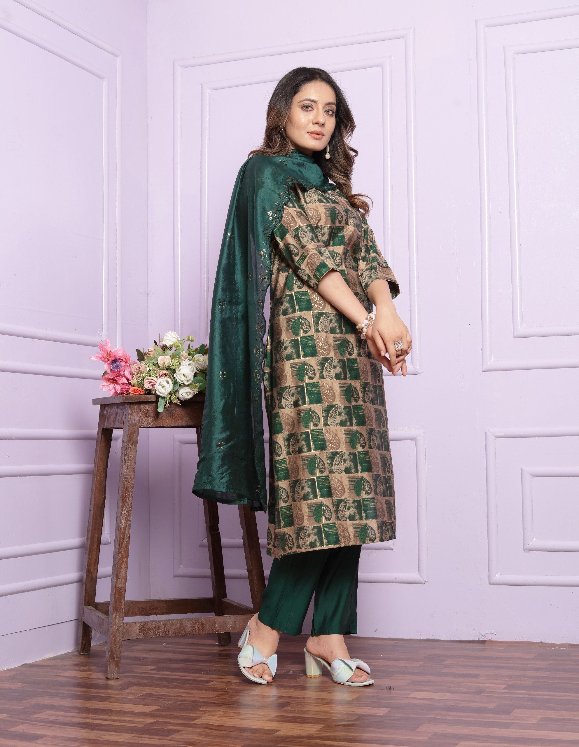 Trendy Handwork Bottle Green Silk Kurta Set