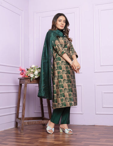 Trendy Handwork Bottle Green Silk Kurta Set