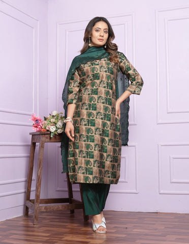 Trendy Handwork Bottle Green Silk Kurta Set