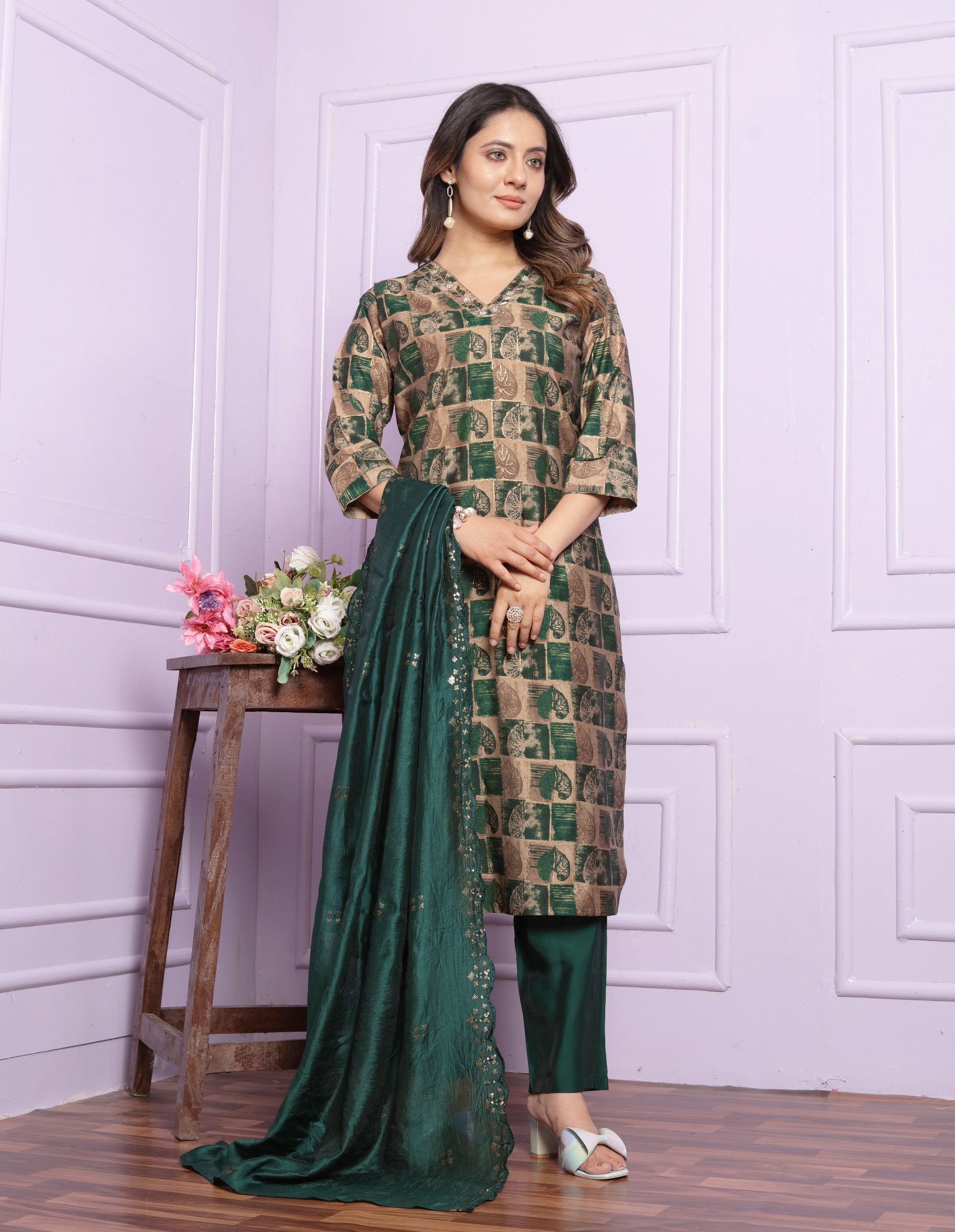 Trendy Handwork Bottle Green Silk Kurta Set
