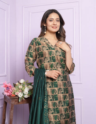 Trendy Handwork Bottle Green Silk Kurta Set