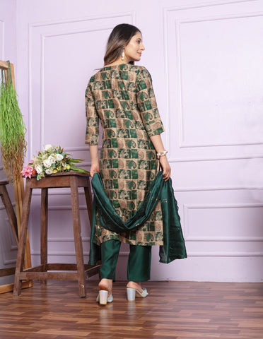Trendy Handwork Bottle Green Silk Kurta Set