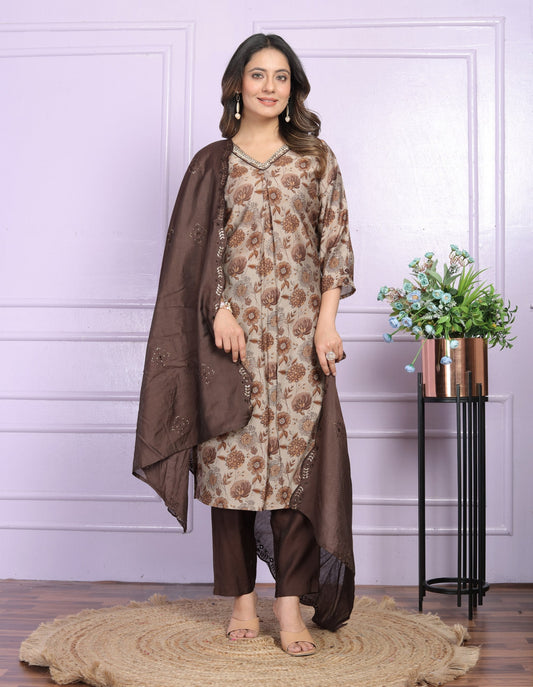 Luxuriant Brown Color V Neck Salwar Suit